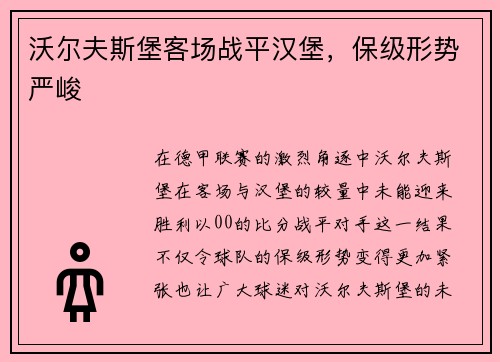 沃尔夫斯堡客场战平汉堡，保级形势严峻